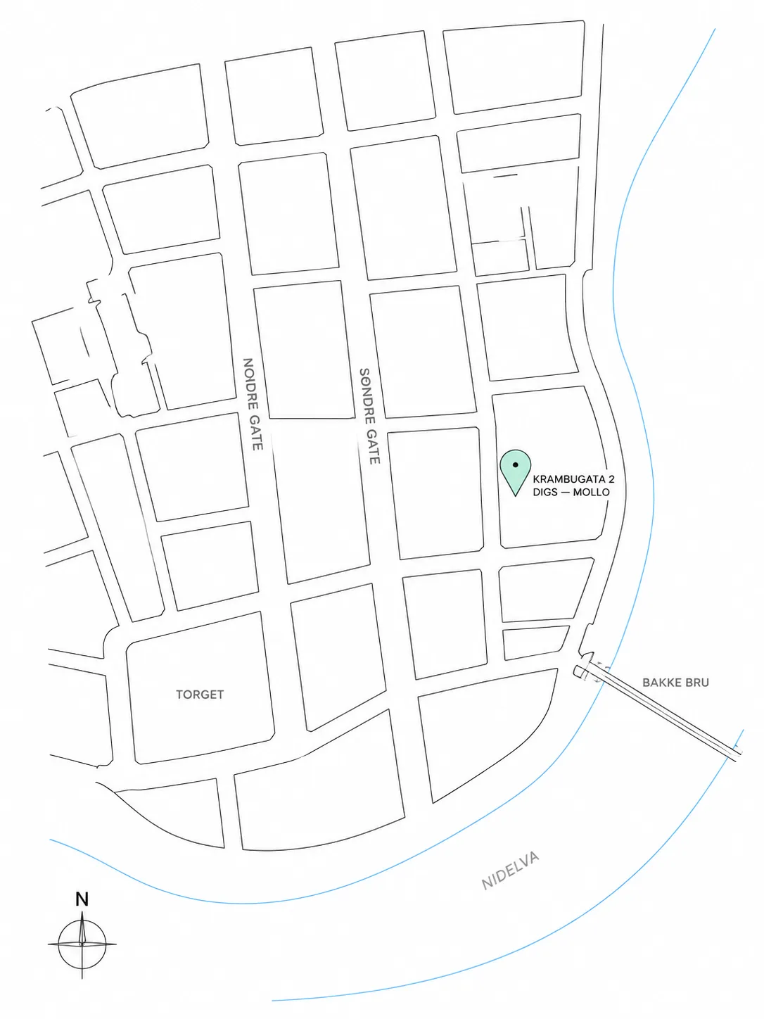 Stilisert kart over sentrum av Trondheim med markør på Krambugata 2 (Digs / Mollo), like ved Bakke bru og Nidelva.